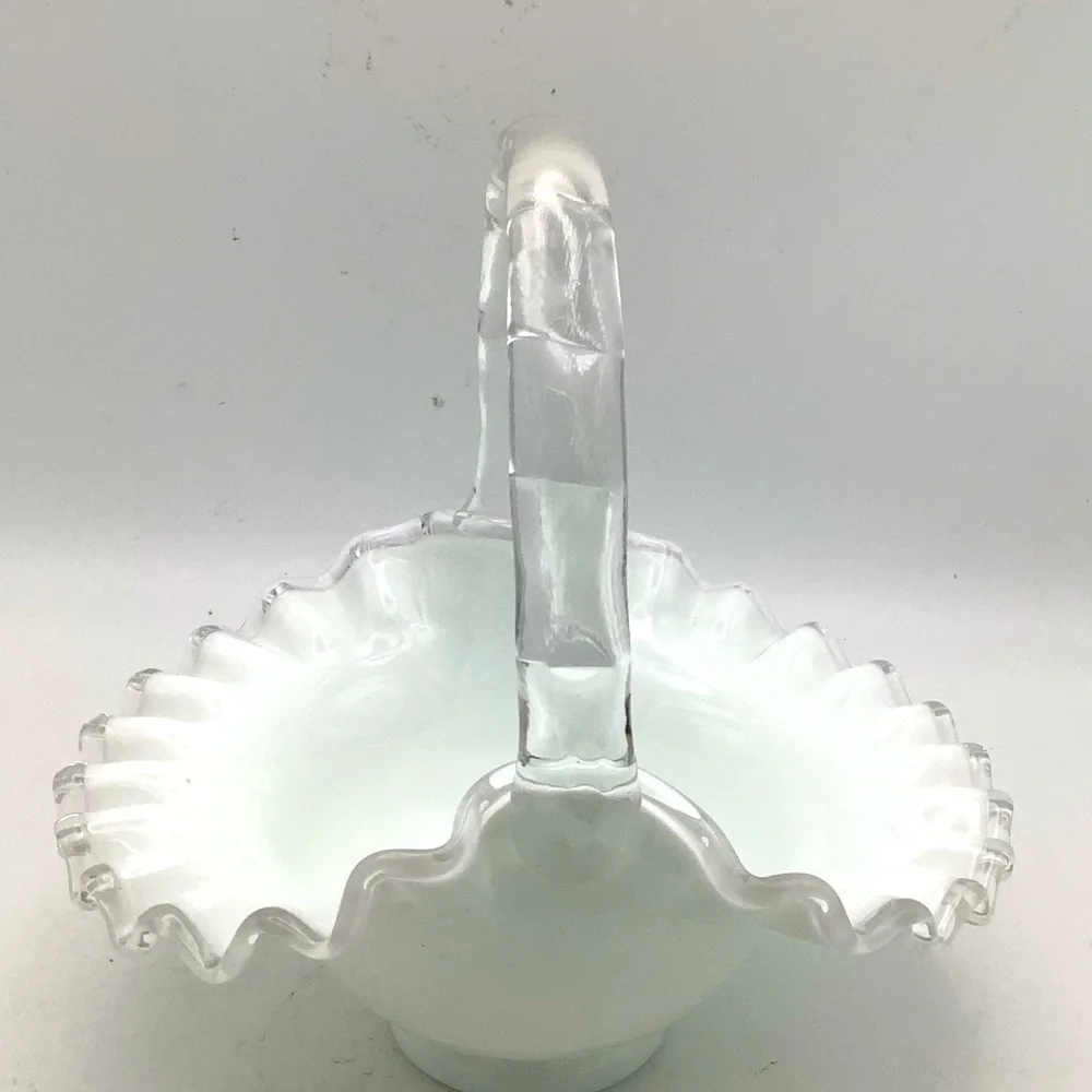 Vintage Fenton White Milk Glass Ruffled Edge Handled Basket
